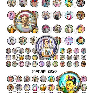 Op de afbeelding: Een set van 72 kleurrijke ronde digitale afbeeldingen met Frida Kahlo, verkrijgbaar in de maten 20 mm, 12 mm en 16 mm. De afbeeldingen tonen verschillende achtergronden en ontwerpen, waaronder een zebraprint, een geruit patroon en een bloemenontwerp. De tekst "Fun Fabulous Frida" en "Copyright 2020" zijn ook in de afbeelding opgenomen.