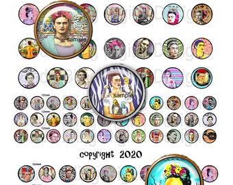 12mm, 16mm and 20mm  Fun Fab FRIDA, digital collage sheets, INSTANT Digital Download at Checkout, for Frida pendants, bracelets and earrings