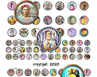 Fun Fab FRIDA, 12mm, 16mm and 20mm digital collage sheets, INSTANT Digital Download at Checkout, for Frida pendants, bracelets and earrings