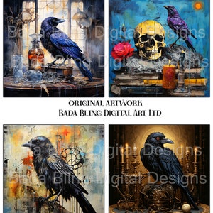 May include: A digital art print of four different scenes featuring ravens. The first scene shows a raven perched on a table with a bottle and other objects. The second scene shows a raven perched on a skull with a rose and books. The third scene shows a raven perched on a branch with a clock and paint splatters. The fourth scene shows a raven perched on a golden stand with candles. The title "THE RAVEN" is at the top of the print. The text "ORIGINAL ARTWORK BADA BLING DIGITAL ART LTD" is below the first two scenes. The text "COPYRIGHT 2023 FOR DEBORAH SAVAGE" is below the last two scenes.