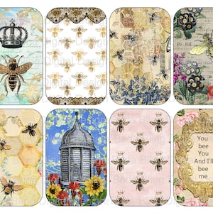 May include: Set of ten vintage bee themed gift tags. The tags feature a variety of bee designs, including bees in a honeycomb, bees with flowers, and bees with crowns. The tags are printed on a textured paper with a vintage look. The text on the tags reads "Vintage Bees Altoid Tin Inserts and Gift Tags".
