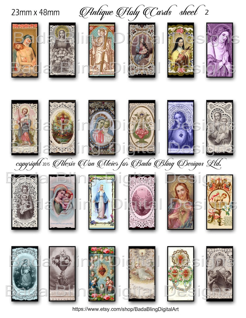 May include: A sheet of 20 antique holy cards, each featuring a different religious image. The cards are printed on paper and have a vintage look. The images include a variety of saints, angels, and religious scenes. The cards are 23mm x 48mm in size.