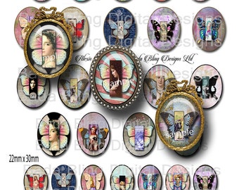 May include: A collection of oval-shaped digital art pieces featuring butterfly wings and vintage portraits. The designs include various colors and patterns, with some pieces framed in gold. The text "Flights Of Fancy" is visible.