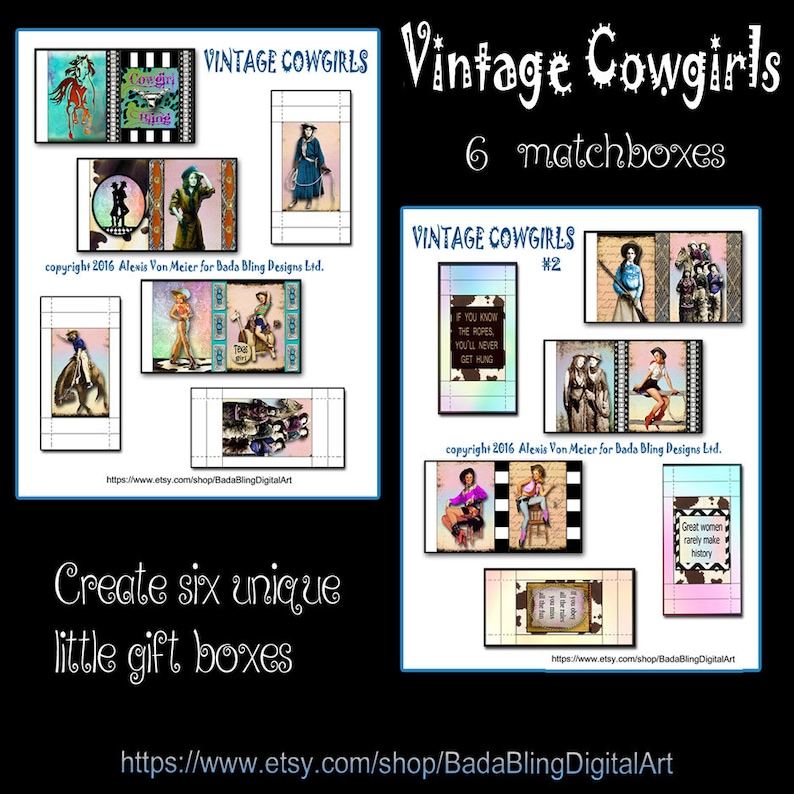 3 collage sheets create 9 different matchboxes INSTANT DOWNLOAD at Checkout..cowgirls cowgirl up gift boxes rodeo Vintage Cowgirl