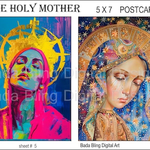 A Santa Mãe # 5 de 5 cartões postais originais para impressão, colagem digital, folha de downloads digitais instantâneos, cada imagem tem 5 x 7, arte católica