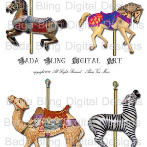 Carousel Critters sheet 1 of 2, altered art digital collage sheets,  INSTANT  Digital Download at Checkout,carousel horses