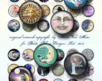 25mm circles, Sun, moon, stars, celestial graphics, collage sheets,  INSTANT  Digital Download, for charms, glass pendants, bottle caps