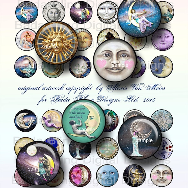 25mm circles, Sun, moon, stars, celestial graphics, collage sheets,  INSTANT  Digital Download, for charms, glass pendants, bottle caps