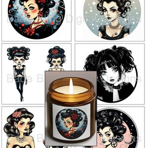 May include: A collection of illustrations featuring gothic pin-up style women with dark hair, red roses, and vintage aesthetics. One image shows a lit candle in a glass jar with a label featuring a similar pin-up design.