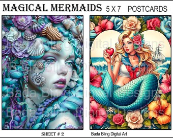 May include: A digital art print featuring a mermaid with blue and green scales, holding a red heart-shaped apple. She is surrounded by pink, red, and white flowers. The text "Magical Mermaids 5x7 Postcards" is at the top of the image.