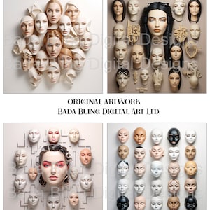 Puede incluir: Un collage de cuatro imágenes con caras de muñecas. Cada imagen tiene un fondo y una disposición de caras diferentes. Las caras son todas blancas, con la excepción de algunas caras negras. Las caras son todas diferentes, con diferentes expresiones y peinados. El texto "DOLL FACES" está en la parte superior de la imagen. El texto "ORIGINAL ARTWORK" y "BADA BLING DIGITAL ART LTD" está debajo de las dos primeras imágenes. El texto "COPYRIGHT 2023 FOR DEBORAH SAVAGE" está debajo de las dos últimas imágenes.