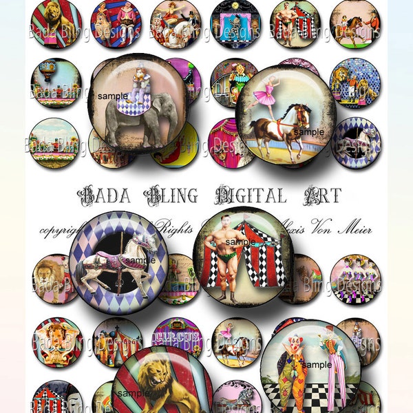 25 mm circles,Carnival, Circus and Sideshow Performers, circus collage sheets, INSTANT Download at Checkout, circus, clowns,lions,carnival
