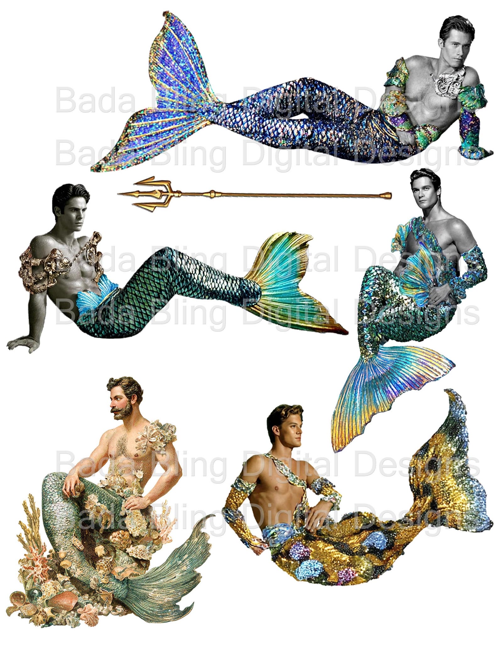 Mermen 4 of 4 Altered Art Digital Collage for Journal Pages Paper Dolls ...