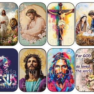 May include: A collage of nine images depicting various religious themes. The images include a man with a lamb, a man with a crown of thorns, a man on a cross, a family with a baby, and a colorful abstract image of a man with a beard. The images are all set against different backgrounds, including a field of flowers, a blue sky, and a wooden cross.