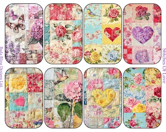 May include: Nine digital collage sheets featuring a patchwork quilt design with floral and heart motifs. The quilt squares are in various colors, including pink, yellow, blue, and green. The designs include butterflies, birds, and flowers.