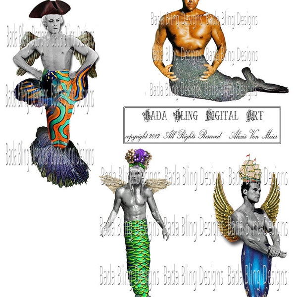 Mermen, altered mermaid digital collage for atcs,jewelry, paper dolls INSTANT DOWNLOAD at Checkout,mermaids, mermaid