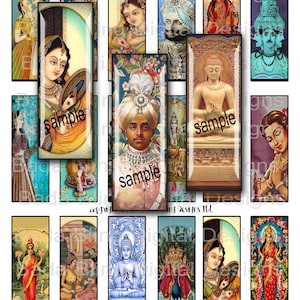 May include: A collage of rectangular art prints featuring Indian-themed illustrations. The prints showcase various figures, including royalty, deities, and scenes from Indian culture. The color palette includes vibrant reds, blues, and golds, with the text "sample" on some.
