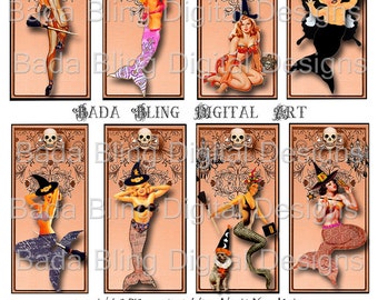 Halloween Mermaids and Witches, altered art gift tags...INSTANT  DIGITAL DOWNLOAD at Checkouts, mermaids, witches,mermaid tags,skulls