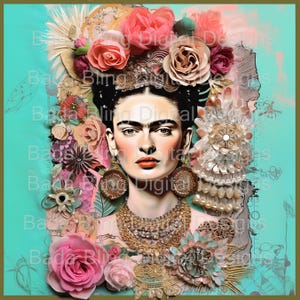 Collage de Frida Kahlo n.° 3 de 4, imagen grande, arte original para imprimir, se puede usar en bloques de tela, páginas de diario, camisetas, cuadernos, decoupage