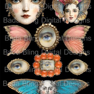 Puede incluir: Collage digital con ilustraciones de estilo vintage sobre fondo negro. Incluye un rostro con ojos azules, alas de mariposa e imágenes de ojos enmarcadas. La paleta de colores incluye dorado, rosa y turquesa.
