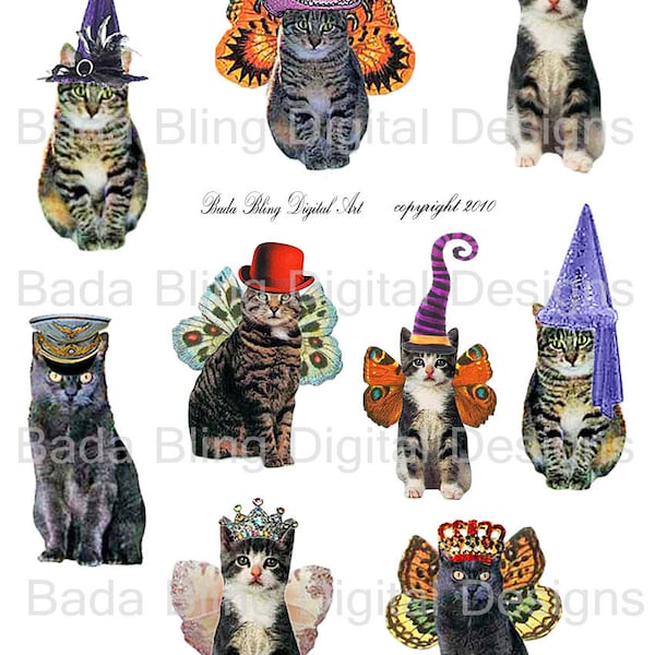 Cats In Hats... a digital collage sheet of cats wearing their favorite hats and crowns  INSTANT  Digital Download, Halloween costumes