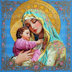 Madonna col Bambino n. 1 di 12 opere d'arte con tecniche miste DOWNLOAD IMMEDIATO, fogli di collage religiosi Immagini cattoliche di dimensioni 12 x 12 e 8 x 8 immagini religiose