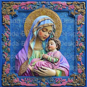 Madonna col Bambino n. 4 di 12 opere d'arte con tecniche miste DOWNLOAD IMMEDIATO, fogli di collage religiosi Immagini cattoliche di dimensioni 12 x 12 e 8 x 8 immagini religiose