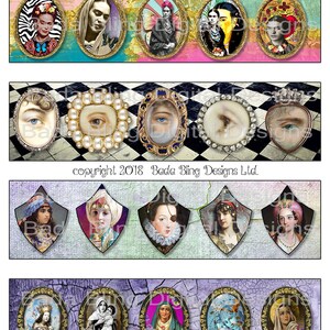 May include: A set of 2 x 8 digital images featuring various portraits and eye designs in ornate frames. The images are suitable for use as borders and fills for cuffs and bangles. The copyright notice reads "copyright 2018 Bada Bling Designs Ltd."