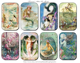 May include: A set of eight vintage mermaid illustrations. Each image features a mermaid in a different pose and setting, with colorful floral accents and a whimsical sea-themed background.