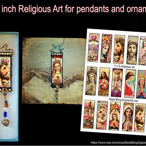 May include: Religious art for pendants and ornaments. The image shows a pendant with a religious image, a print of religious art, and the text "1 x 3 inch Religious Art for pendants and ornaments". The print includes various religious figures.