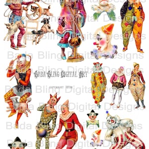 Vintage payasos franceses, pintado a mano, hojas de collage digital de arte alterado, INSTANT Digital Download, circo,carnaval,espectáculo secundario,payasos vintage