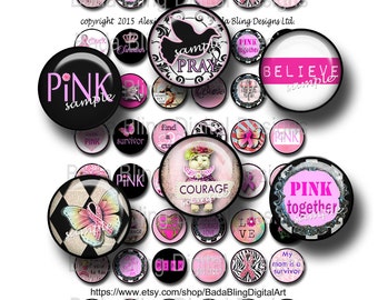 Breast Cancer Awareness, 20 mm circles,   INSTANT Digital Download at Checkout, collage sheets for breast cancer pendants, pink ribbons