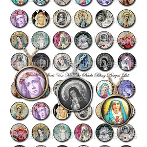 May include: A set of 25mm round, printed, resin cabochons featuring images of religious figures and symbols. The images are in a vintage style and include a variety of saints, angels, and religious icons. The cabochons are perfect for crafting projects such as jewelry making, scrapbooking, and card making.