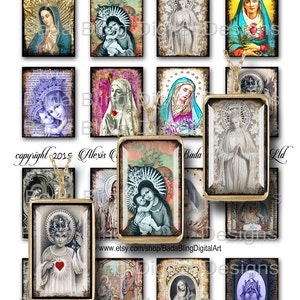 May include: A set of 12 digital images featuring religious art prayer cards. The cards are 1 1/2 inches by 2 inches and feature various images of the Virgin Mary and Jesus Christ. The images are in a vintage style and are perfect for use in scrapbooking, card making, or other craft projects.