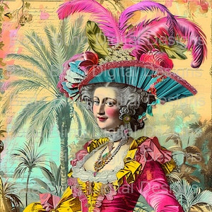 Hoja n.° 4 de María Antonieta de vacaciones en los trópicos, arte original, DESCARGA INMEDIATA, diarios con bloques de tela con arte imprimible de María Antonieta