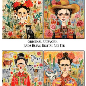 Mi amiga Frida, arte original, descarga INSTANTÁNEA, uso para diarios, tarjetas, etiquetas, joyas de Frida, azulejos de cerámica de 4 x 4, decoupage, atcs y más