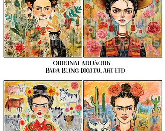 My Friend Frida, original art INSTANT Download, use for journals, cards, tags, Frida jewelry, 4 x 4 ceramic tiles, decoupage, atcs and more