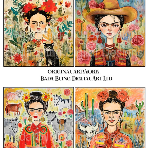 My Friend Frida, original art INSTANT Download, use for journals, cards, tags, Frida jewelry, 4 x 4 ceramic tiles, decoupage, atcs and more