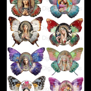 May include: Digital art prints of religious figures set within butterfly wing designs. The wings display a range of colours, including red, blue, purple, and green. The text "ON A WING AND A PRAYER" is at the top, and "BADA BLING DIGITAL ART LTD." is at the bottom.