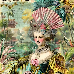 Hoja n.° 2 de María Antonieta de vacaciones en los trópicos, arte original, DESCARGA INMEDIATA, bloques de tela para decoupage con arte imprimible de María Antonieta