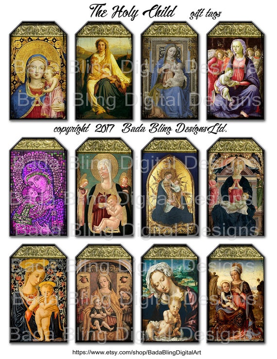 INSTANT Download at Checkout gift tags religious tags Catholic religious collage sheets 3 x 2 tags Madonna and child The Holy Child