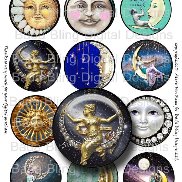 Sun, moon, stars and celestial graphics,  2.5 Inch  images,  INSTANT Digital Download, digital collage sheets for jewelry making