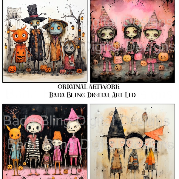 Trick or Treat # 3, original mixed media art INSTANT DOWNLOAD, decorations, Halloween collage sheets, for journals, 4 x 4 tiles, cards, tags