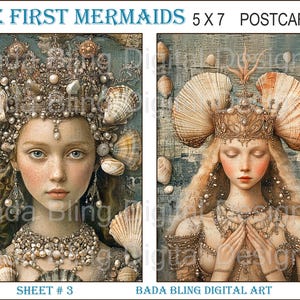 Os primeiros cartões postais das sereias # 3 de 4 cartões postais originais para impressão, folhas de colagem digital Downloads INSTANTÂNEOS Cartões postais de sereia 5 x 7