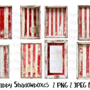 May include: Set of eight digital scrapbook paper frames with a distressed, vintage look. The frames are white with red stripes and have a worn, weathered appearance. They are perfect for adding a rustic touch to your digital scrapbooking projects.