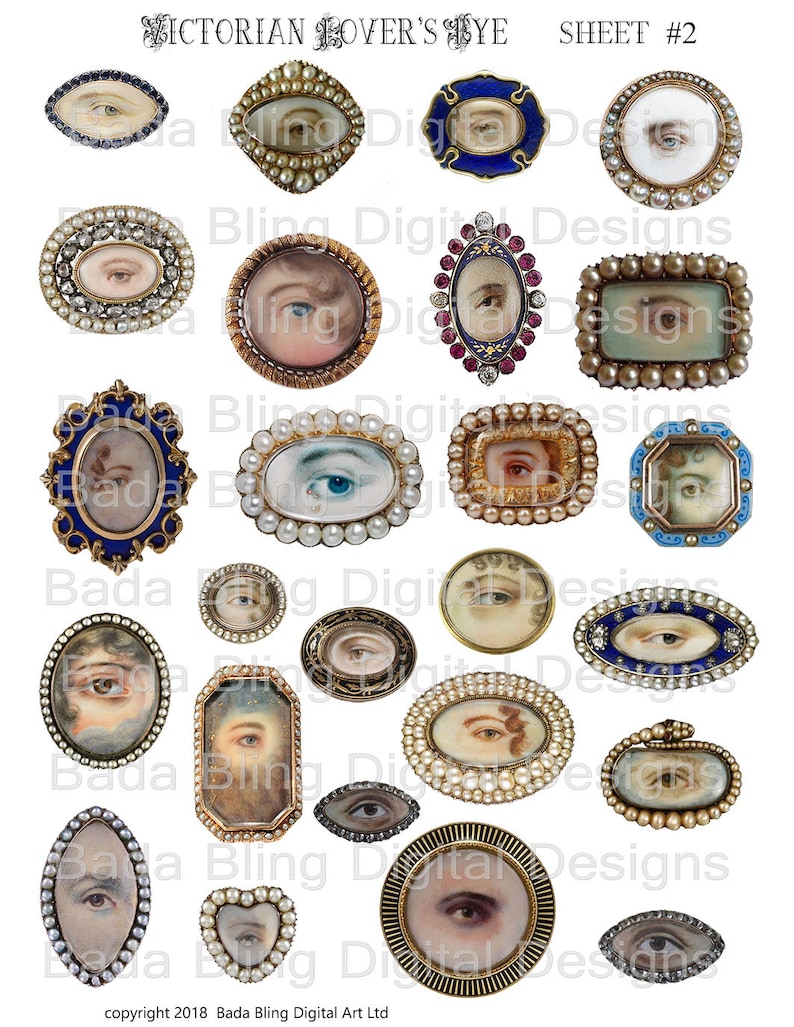 May include: A collection of 18 Victorian-era style eye brooches. The brooches are made of gold, silver, and enamel and feature various designs, including a heart, an oval, and a square. The brooches are decorated with pearls, diamonds, and other gemstones. The brooches are all set against a white background.