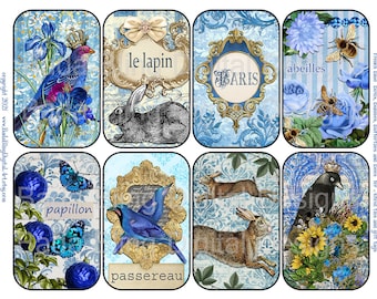 French Blue Birds, Bunnies, Butterflies and Bees, Altoid tin inserts or elegant gift tags INSTANT Downloads, shrines, printable gift tags