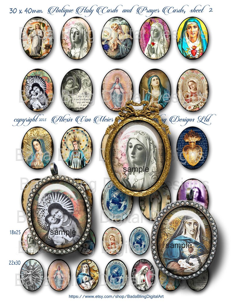 May include: Sheet of 20 oval-shaped digital images featuring antique holy cards and prayer cards. The images are in a variety of styles, including vintage and modern. The images feature religious figures, such as the Virgin Mary and Jesus Christ. The images are perfect for crafting, scrapbooking, and other creative projects.