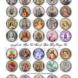 May include: A set of 30mm round images featuring antique holy images. The images are printed on a white background with a lace border. The images include depictions of Jesus, Mary, and other religious figures.