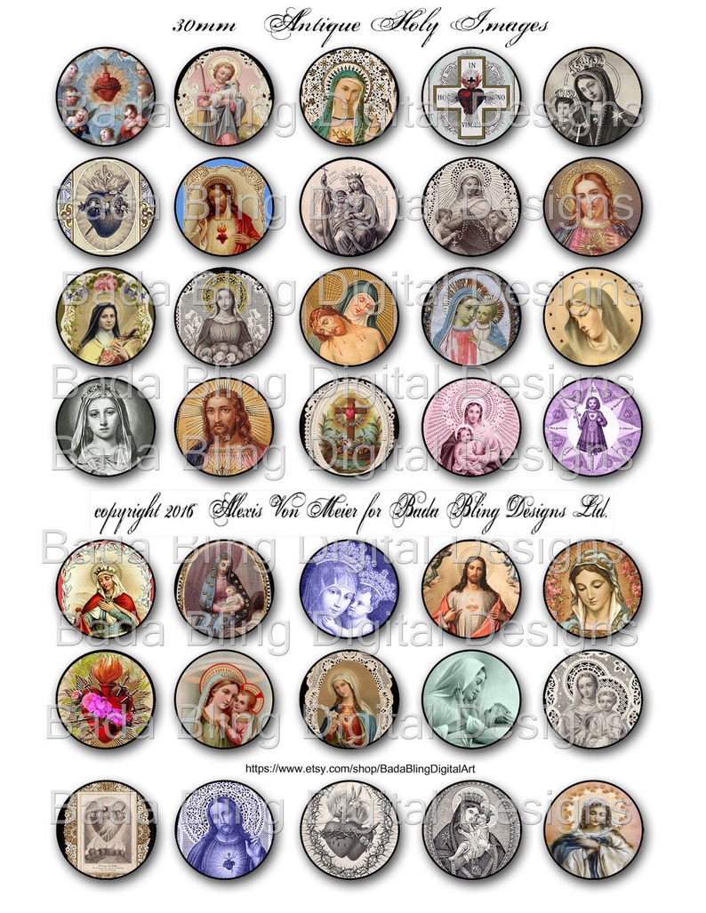 May include: A set of 30mm round images featuring antique holy images. The images are printed on a white background with a lace border. The images include depictions of Jesus, Mary, and other religious figures.